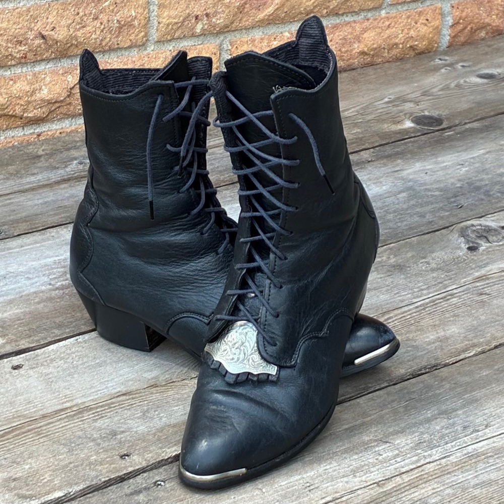 Vintage Victorian Lace Up Granny Boots Black Leather Heeled Steampunk Witchy